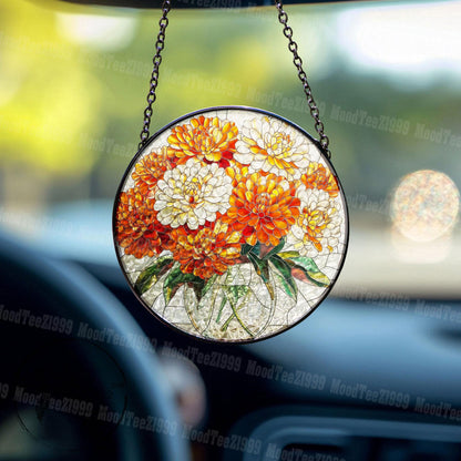 Marigold Art Stained Glass, Orange Flower Sun Catcher, Floral Window Ornament, Vibrant Home Decor, Gift for Flower Lovers, Limited Edition