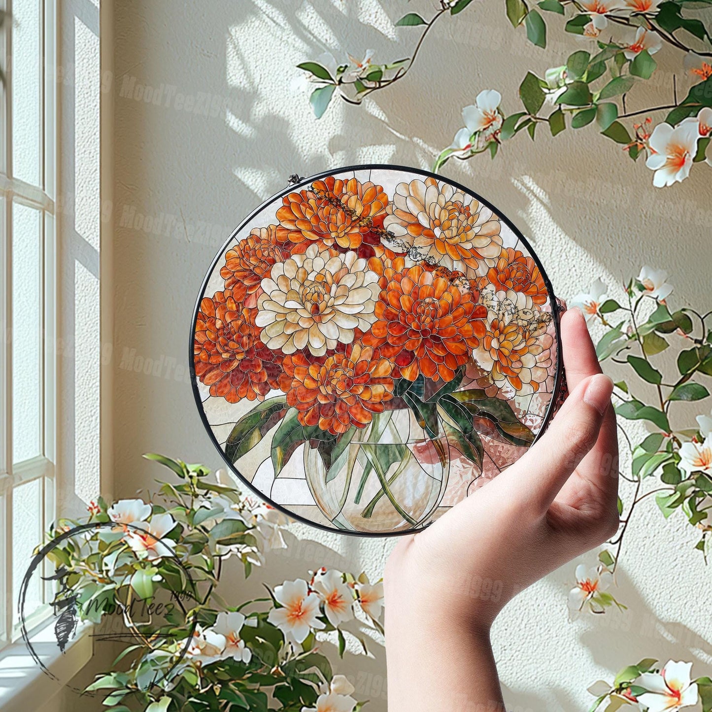 Marigold Art Stained Glass, Orange Flower Sun Catcher, Floral Window Ornament, Vibrant Home Decor, Gift for Flower Lovers, Limited Edition