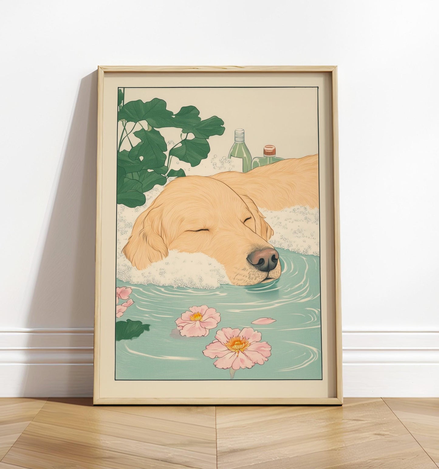 Golden Retriever Ukiyo-e Art Print: Funny Bathroom Decor