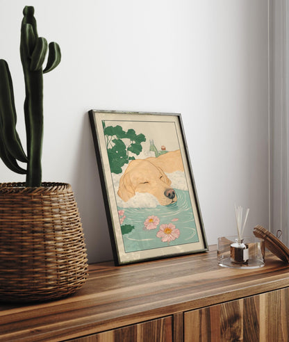Golden Retriever Ukiyo-e Art Print: Funny Bathroom Decor