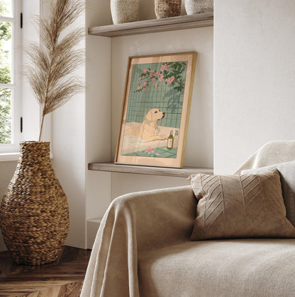 Labrador in Bathtub Art Print: Ukiyo-e Japanese Dog Decor