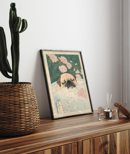 Pug Bathroom Print: Kawaii Japandi Ukiyo-e Dog Art