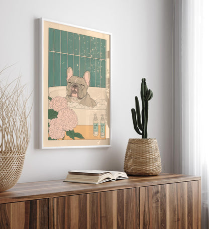 French Bulldog Bathroom Print: Japanese Ukiyo-e Art, Neutral Decor