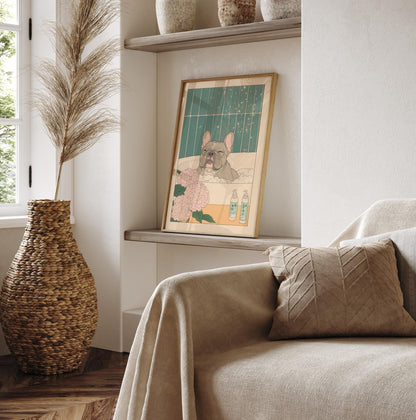 French Bulldog Bathroom Print: Japanese Ukiyo-e Art, Neutral Decor