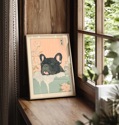 Black French Bulldog Bathroom Print: Japandi Ukiyo-e Dog Art