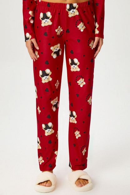 Women's Red Teddy Bear Pajama Set – Cute & Cozy Sleepwear, Soft Button-Up Nightwear, Comfortable Loungewear for Home Relaxation