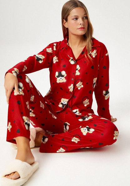 Women's Red Teddy Bear Pajama Set – Cute & Cozy Sleepwear, Soft Button-Up Nightwear, Comfortable Loungewear for Home Relaxation