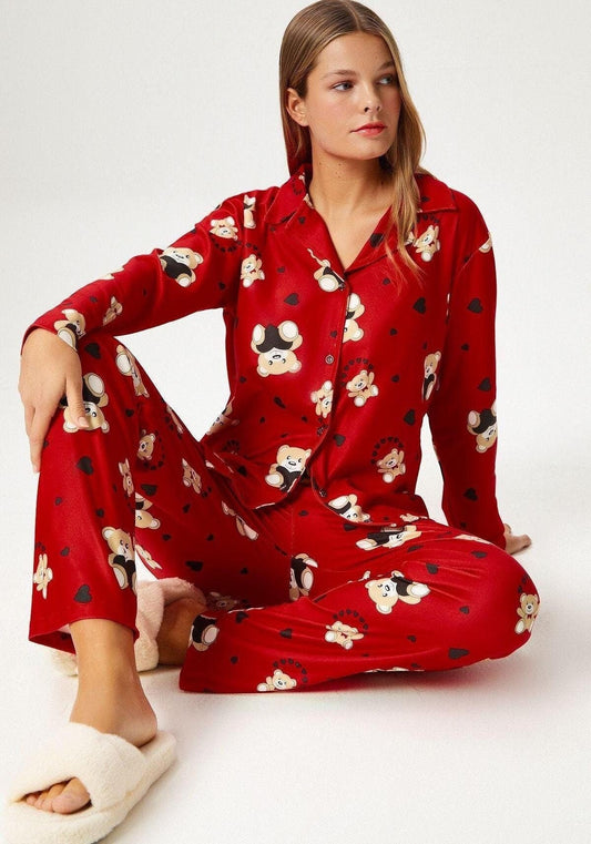 Women's Red Teddy Bear Pajama Set – Cute & Cozy Sleepwear, Soft Button-Up Nightwear, Comfortable Loungewear for Home Relaxation
