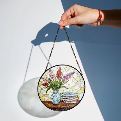 Stained Glass Vase with Flowers Suncatcher Window Decor Gift for Book Lovers