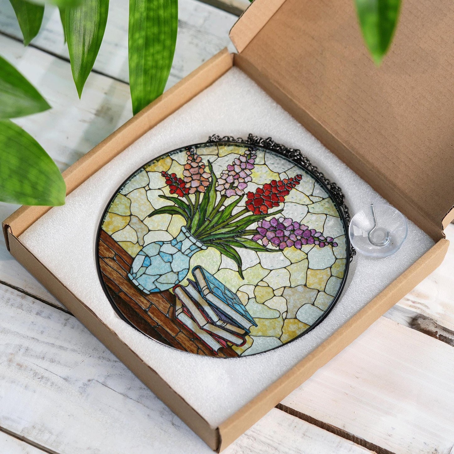 Stained Glass Vase with Flowers Suncatcher Window Decor Gift for Book Lovers