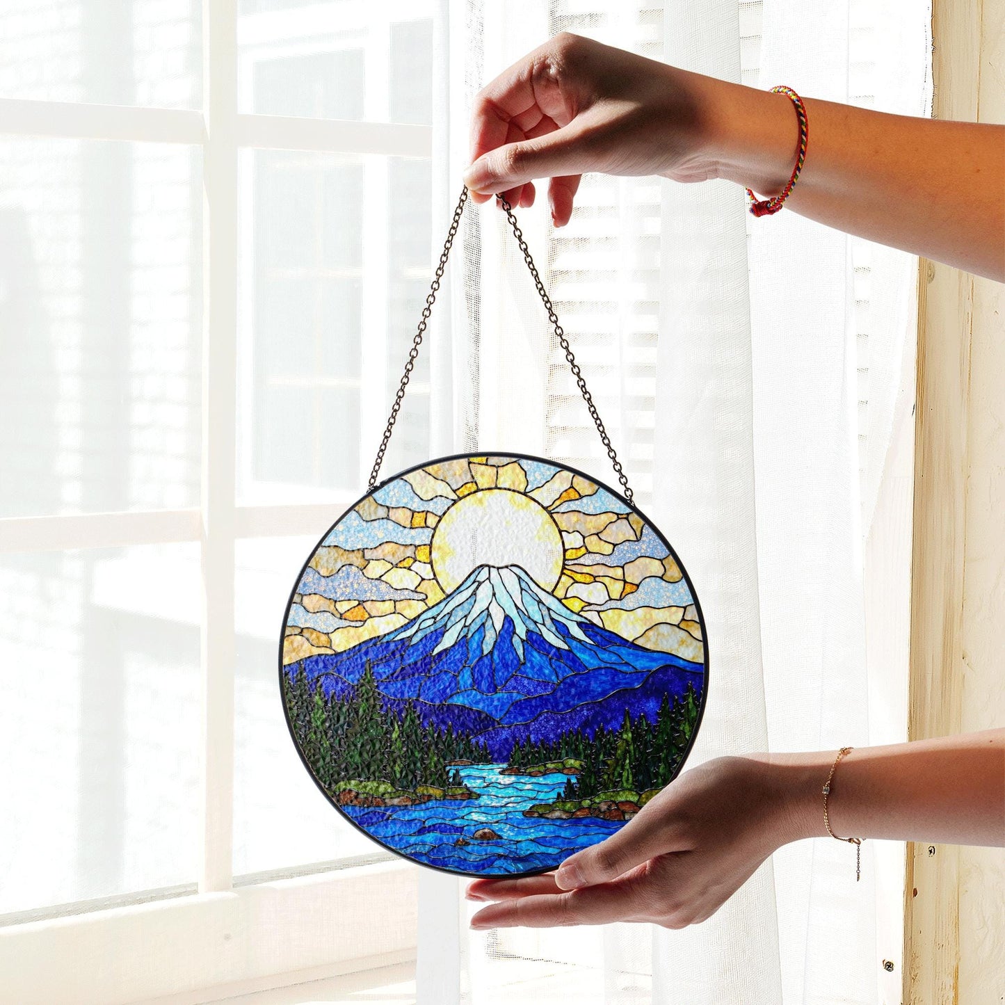 Mountain Stained Glass Suncatcher Beautiful Nature Art Sun Catcher for Gift Lovers Home Decor