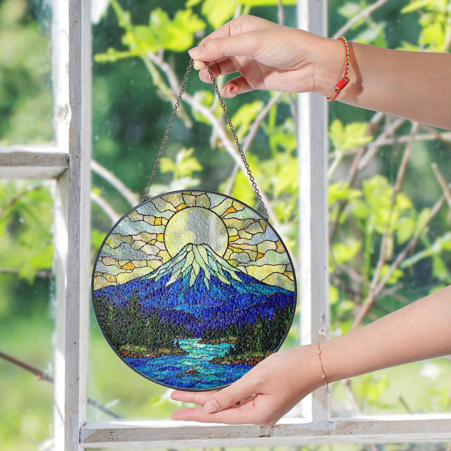 Mountain Stained Glass Suncatcher Beautiful Nature Art Sun Catcher for Gift Lovers Home Decor
