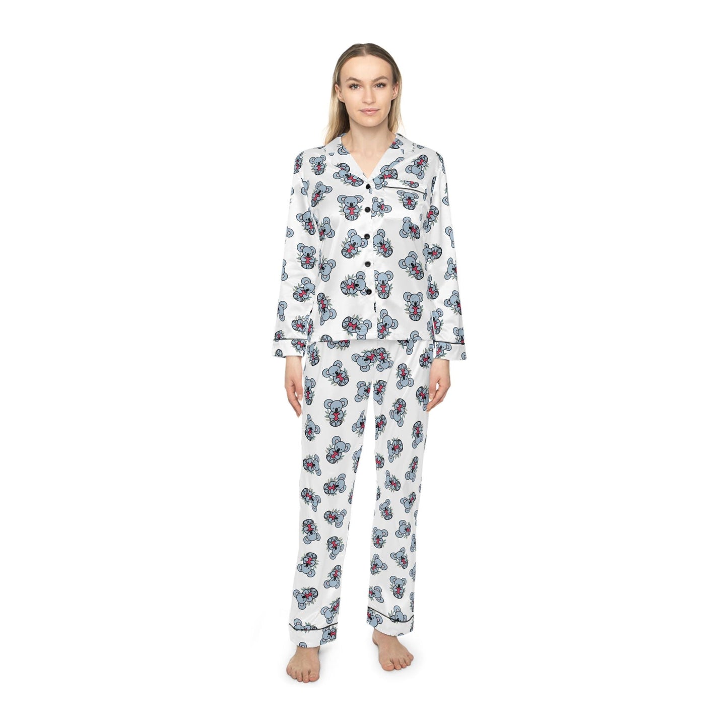 Chic Floral Satin Koala Pajamas, Soft Women's Sleepwear for Relaxation, Cozy Loungewear, Perfect for Gift Giving, Travel Essentials