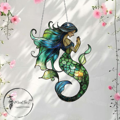 Mermaid Window Hanging, Ocean-Inspired Mermaid Decor, Boho Sea Art, Colorful Mermaid Sun Catcher, Unique Coastal Home Gift
