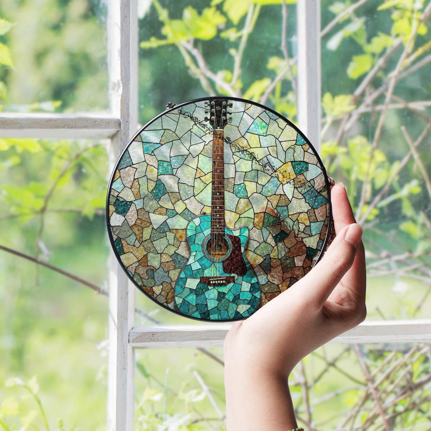 Stained Glass Guitar Suncatcher Handmade Window Decor Gift for Music Lovers