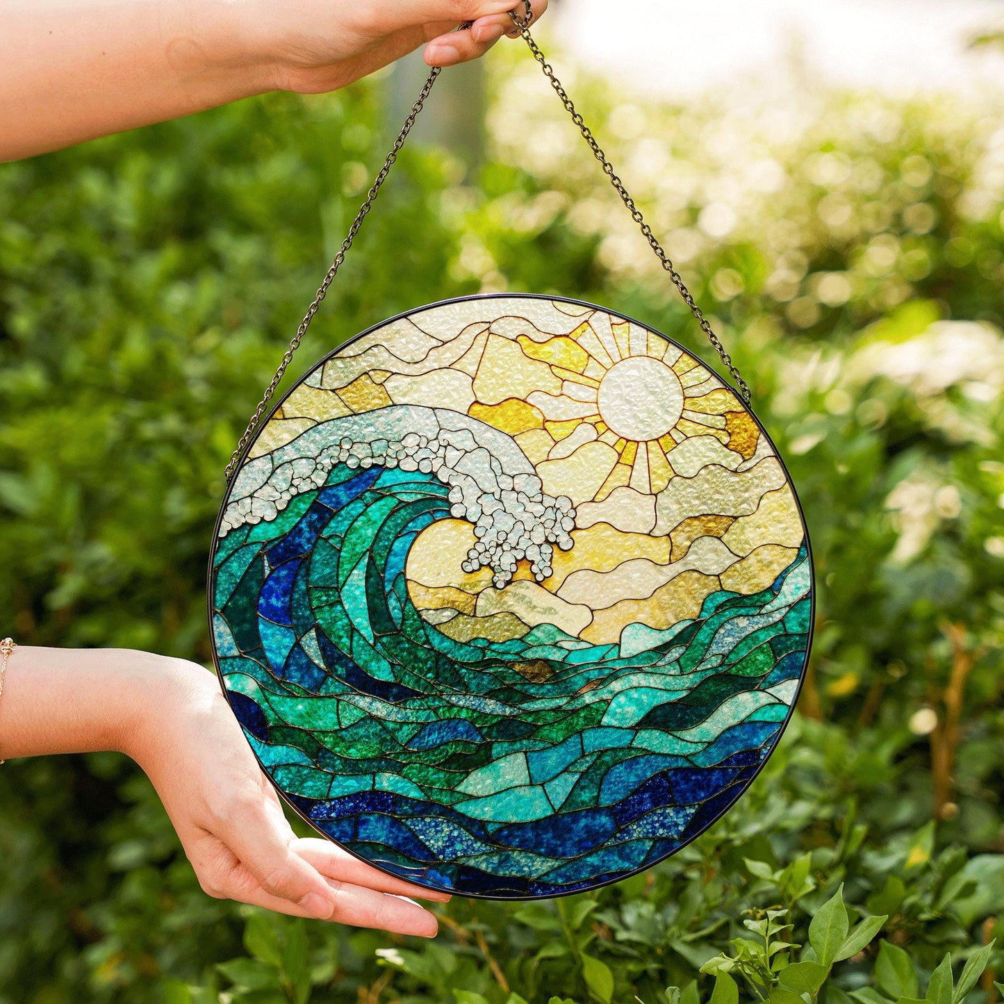 Ocean Wave Stained Glass Suncatcher Window Hanging Gift for Beach Lovers