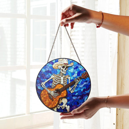 Skeleton Cowboy Playing Guitar Stained Glass Suncatcher Gift for Music Lovers