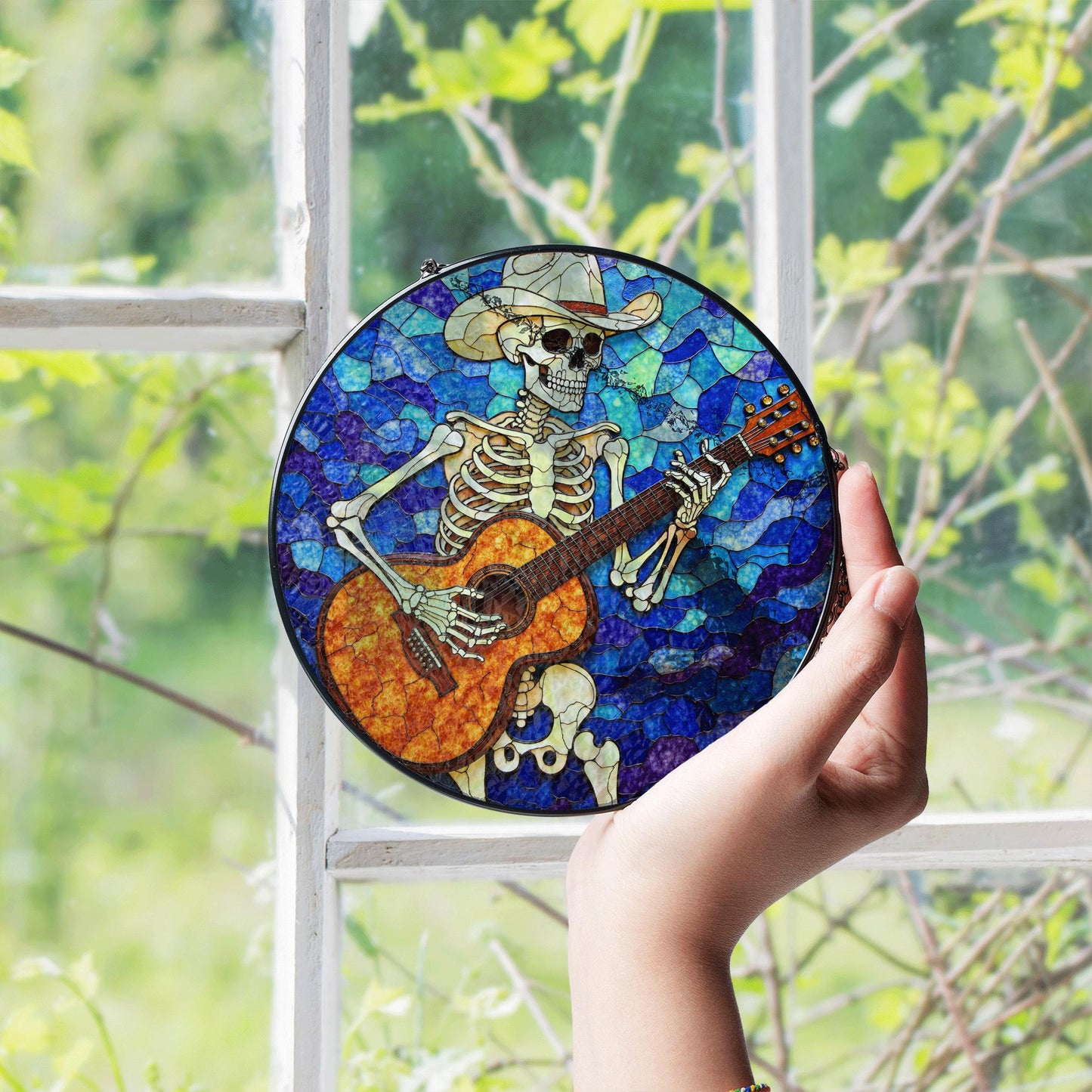 Skeleton Cowboy Playing Guitar Stained Glass Suncatcher Gift for Music Lovers