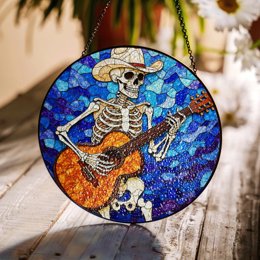 Skeleton Cowboy Playing Guitar Stained Glass Suncatcher Gift for Music Lovers