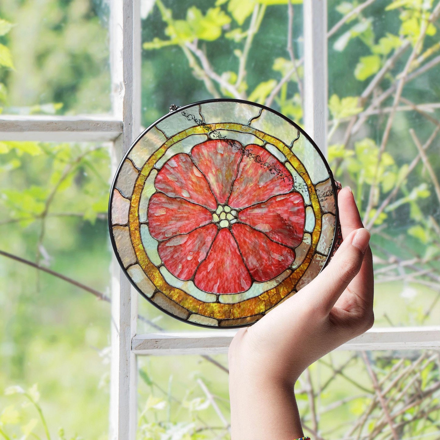 Red Flower Stained Glass Suncatcher Window Decor Gift for Mom Friend Birthday