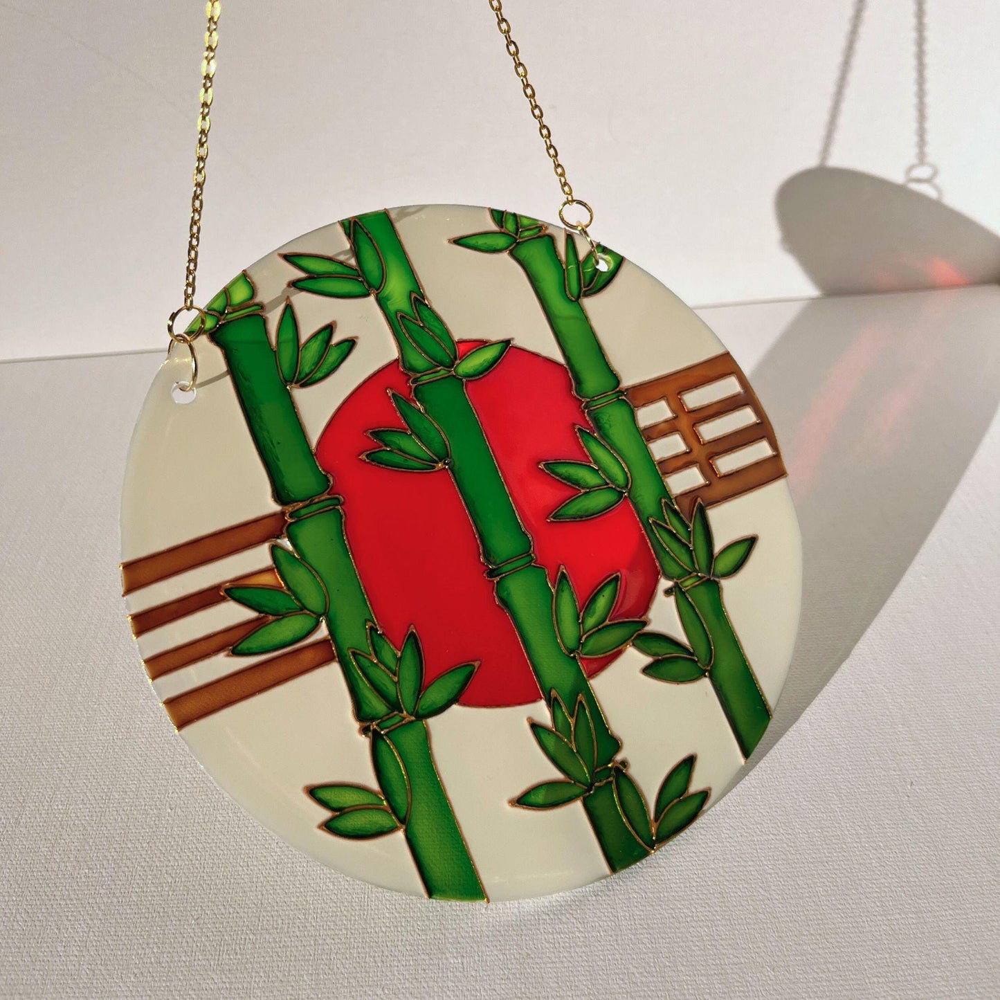 Vitrail suncatcher "Bamboo and sun" Minimalist window decor in japanese style Stained glass painting