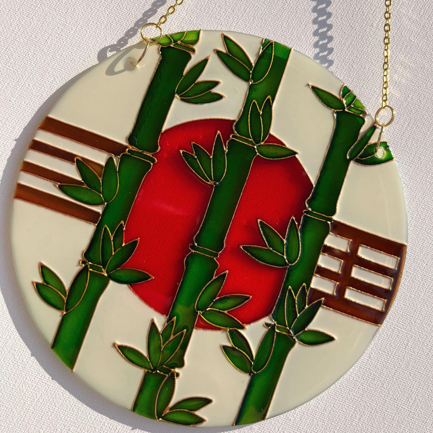 Vitrail suncatcher "Bamboo and sun" Minimalist window decor in japanese style Stained glass painting