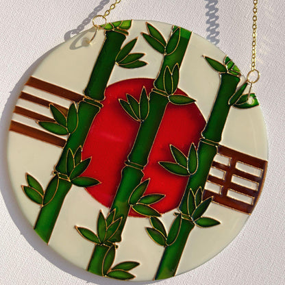 Vitrail suncatcher "Bamboo and sun" Minimalist window decor in japanese style Stained glass painting