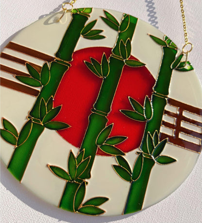 Vitrail suncatcher "Bamboo and sun" Minimalist window decor in japanese style Stained glass painting