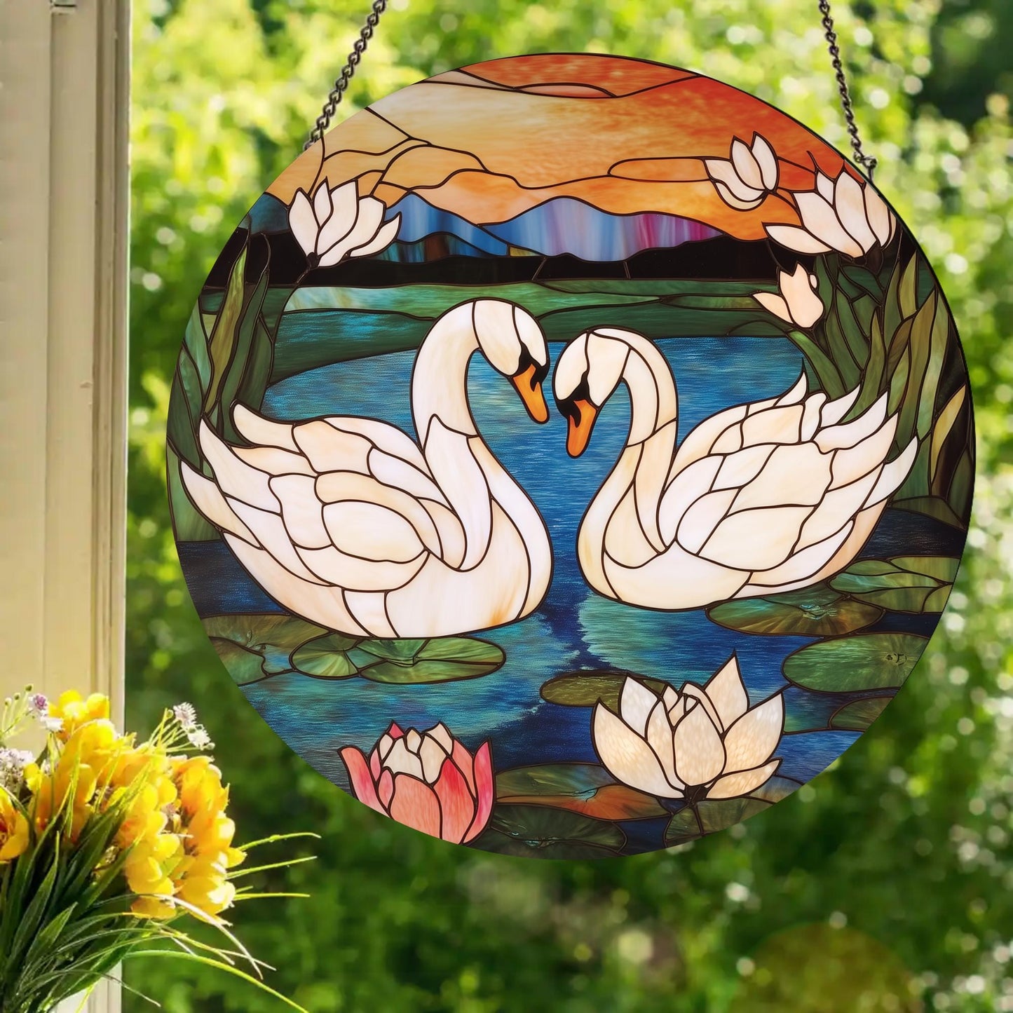 Swans: Stained Glass Style Window Hanging