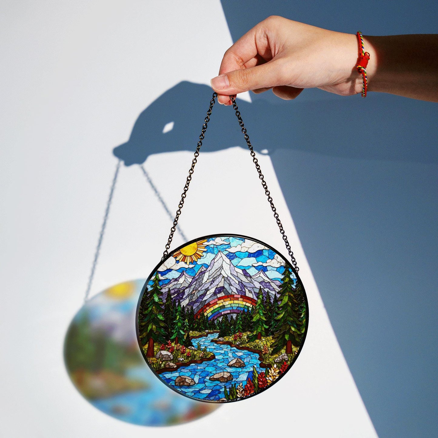 Mountain River Stained Glass Suncatcher Nature Decor Gift for Mom Dad Friends