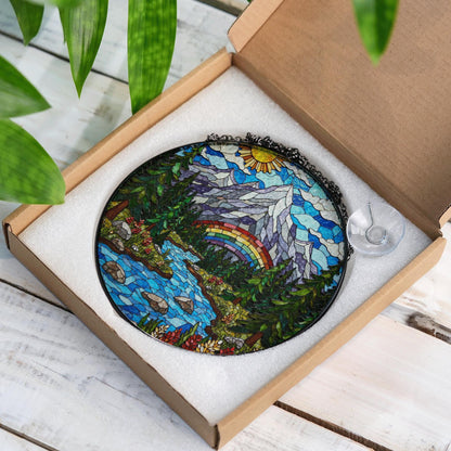 Mountain River Stained Glass Suncatcher Nature Decor Gift for Mom Dad Friends