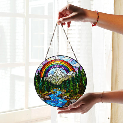 Mountain River Stained Glass Suncatcher Nature Window Hanging Gift for Hikers Campers