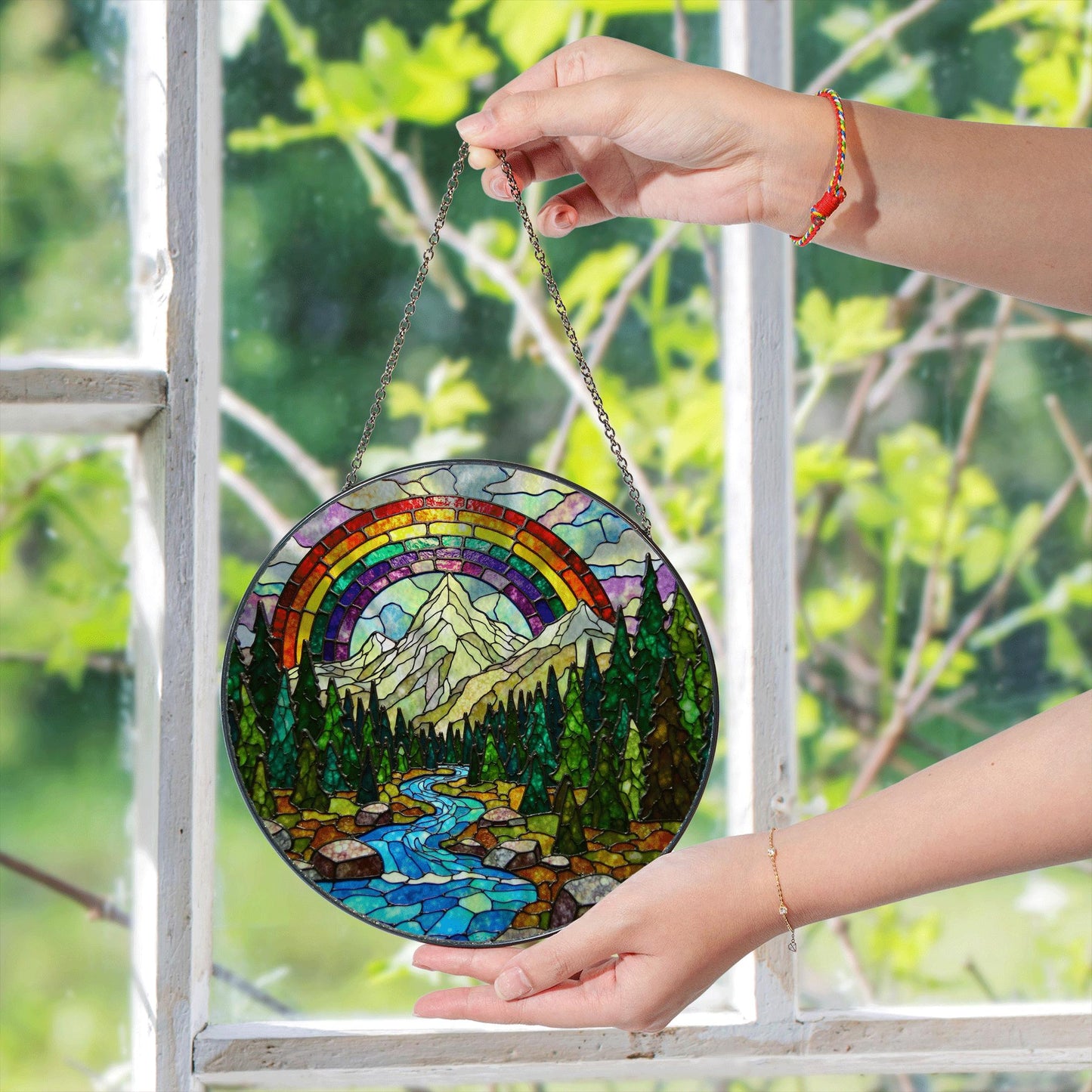 Mountain River Stained Glass Suncatcher Nature Window Hanging Gift for Hikers Campers