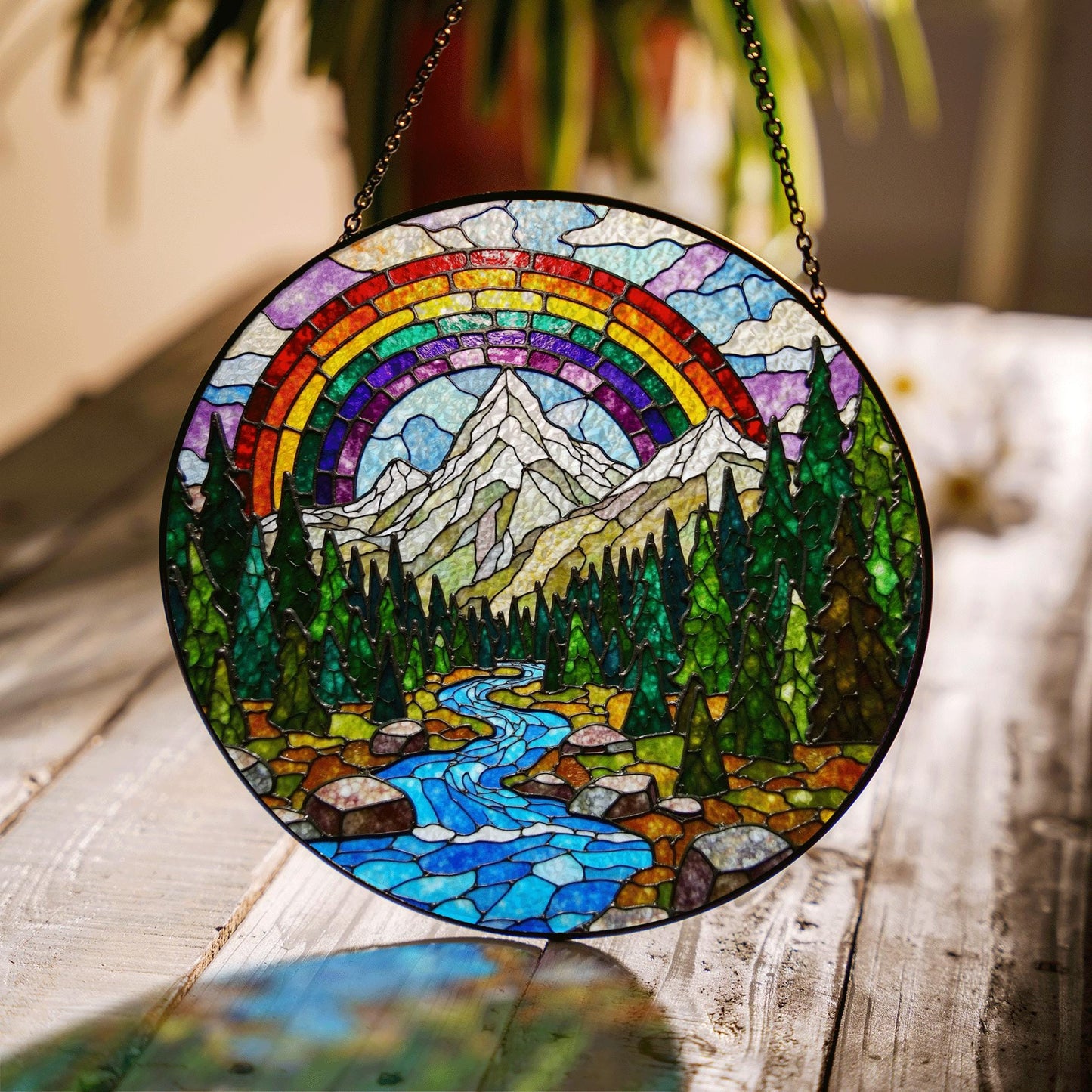 Mountain River Stained Glass Suncatcher Nature Window Hanging Gift for Hikers Campers