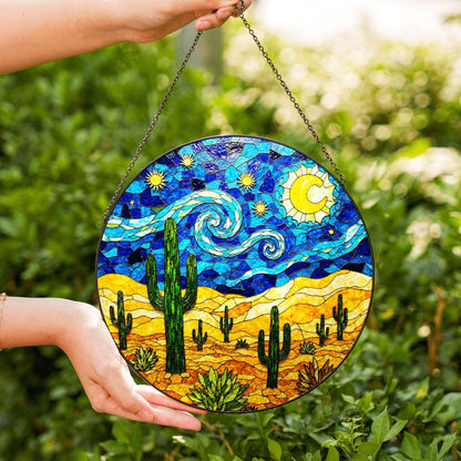 Desert Night Sky Suncatcher Stained Glass Cactus Decor Gift for Nature Lovers