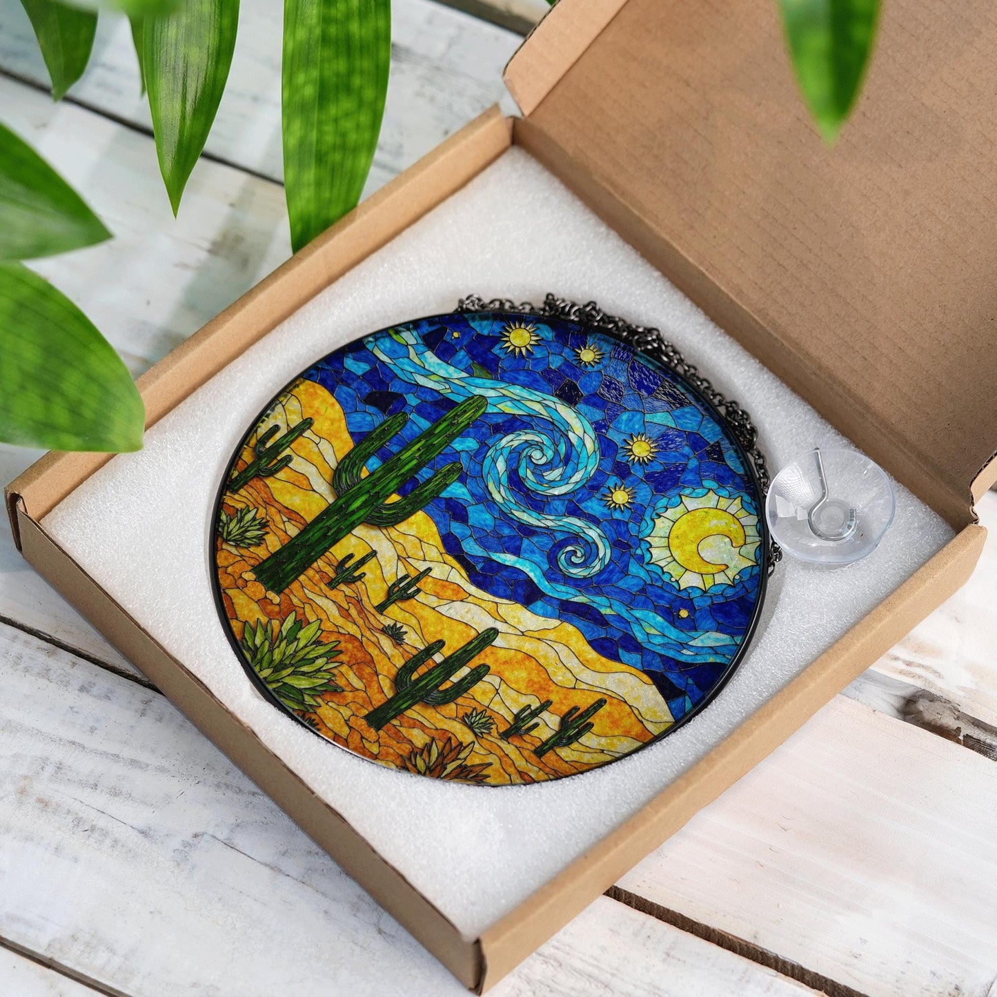 Desert Night Sky Suncatcher Stained Glass Cactus Decor Gift for Nature Lovers