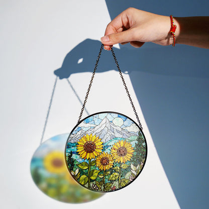 Sunflower Stained Glass Suncatcher Mountain Art Window Hanging Gift for Nature Lovers