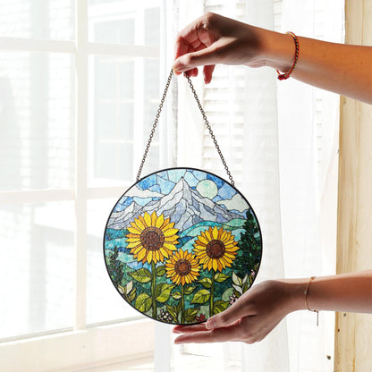 Sunflower Stained Glass Suncatcher Mountain Art Window Hanging Gift for Nature Lovers