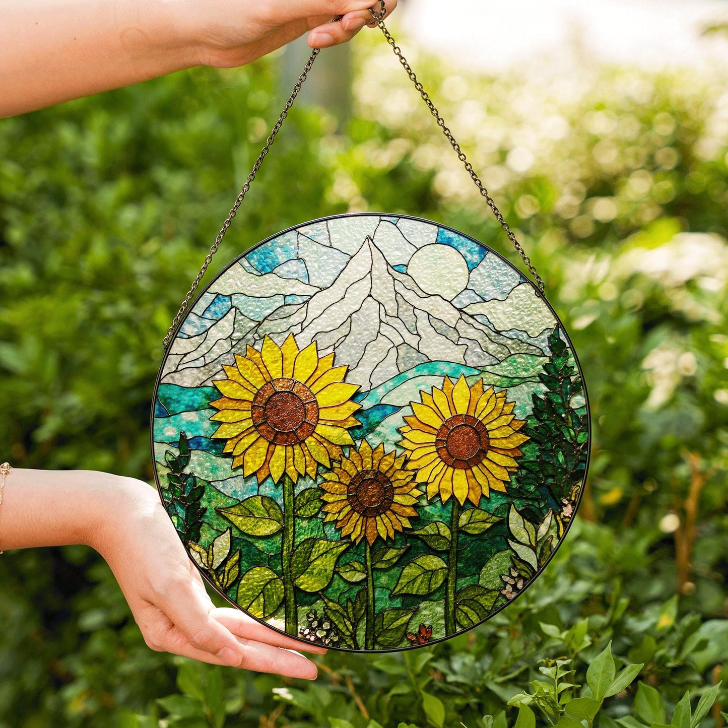 Sunflower Stained Glass Suncatcher Mountain Art Window Hanging Gift for Nature Lovers