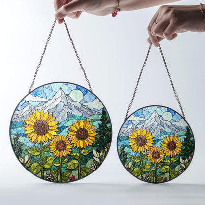 Sunflower Stained Glass Suncatcher Mountain Art Window Hanging Gift for Nature Lovers