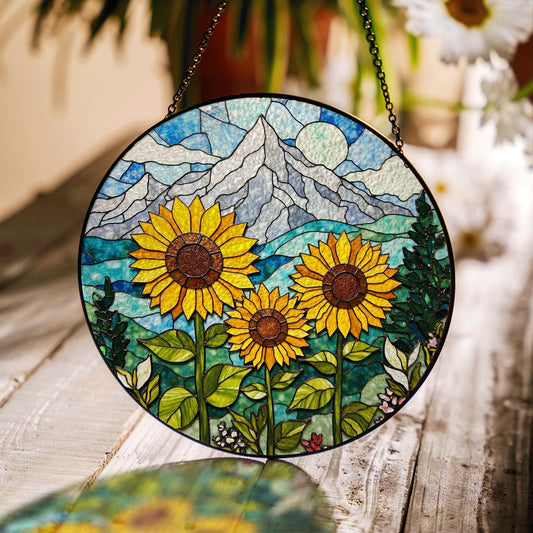 Sunflower Stained Glass Suncatcher Mountain Art Window Hanging Gift for Nature Lovers