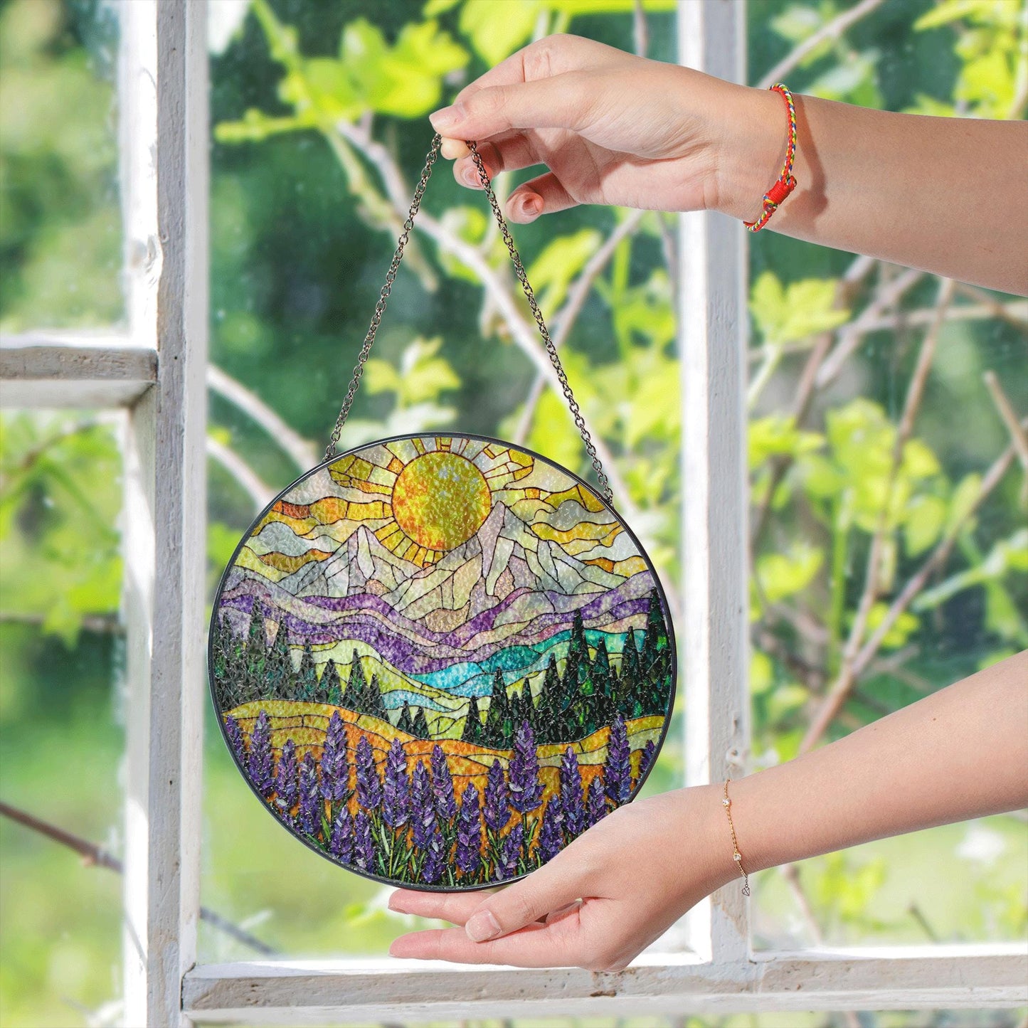 Mountain Sun Suncatcher Stained Glass Window Hanging Gift for Nature Lovers