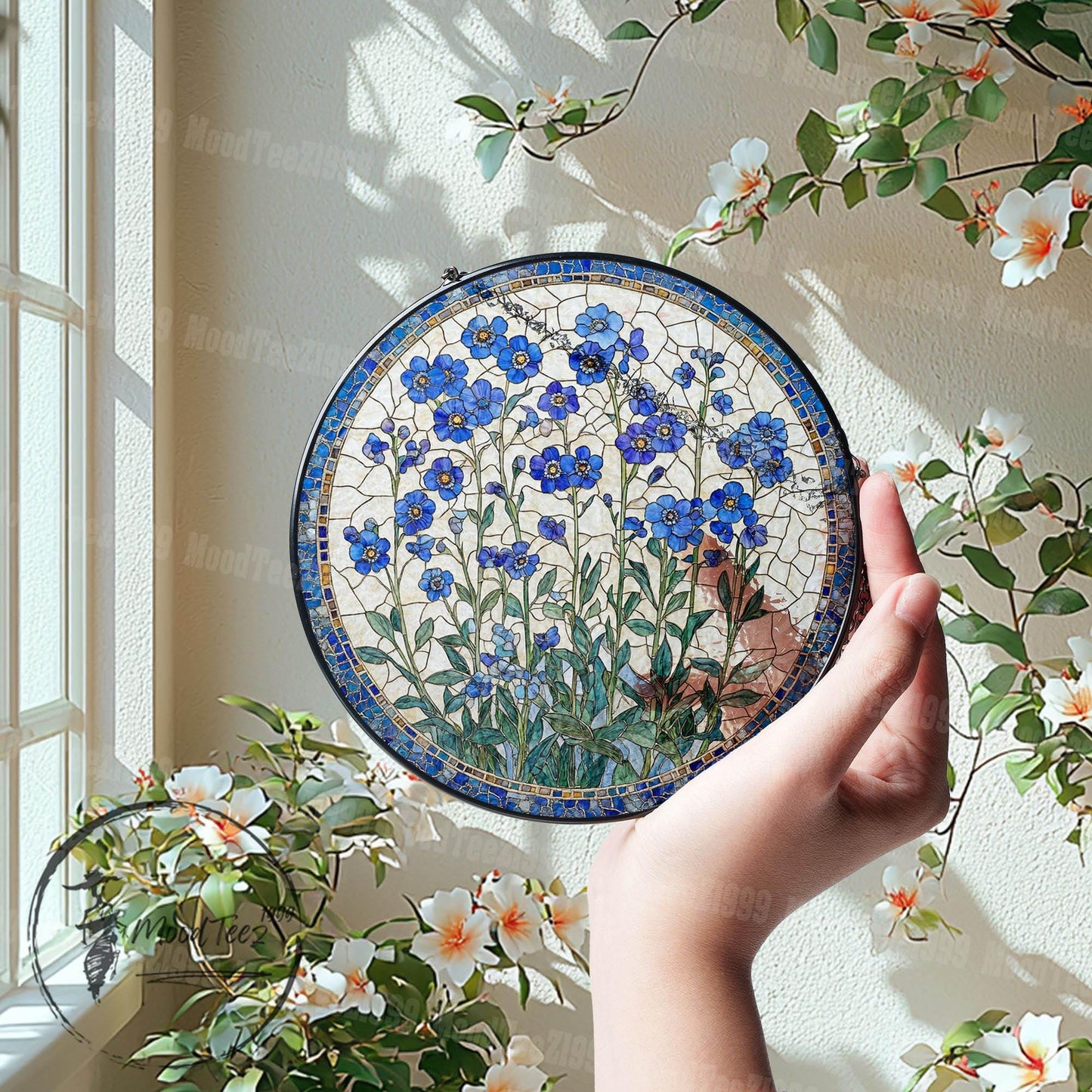 Forget-Me-Not Stained Glass Suncatcher, Window Hanging Decor, Handmade Floral Sun Catcher, Nature Inspired Art, Botanical Glass Ornament