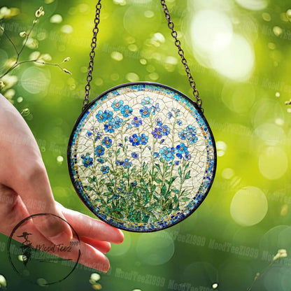 Forget-Me-Not Stained Glass Suncatcher, Window Hanging Decor, Handmade Floral Sun Catcher, Nature Inspired Art, Botanical Glass Ornament