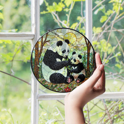 Panda Family Stained Glass Suncatcher Decorative Window Gift for Panda Lovers and Moms