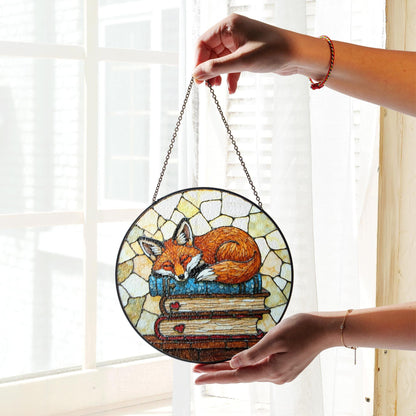 Fox Suncatcher Stained Glass Hanging Ornament Fox Sleeping on Books Perfect Gift for Book Lovers and Animal Enthusiasts