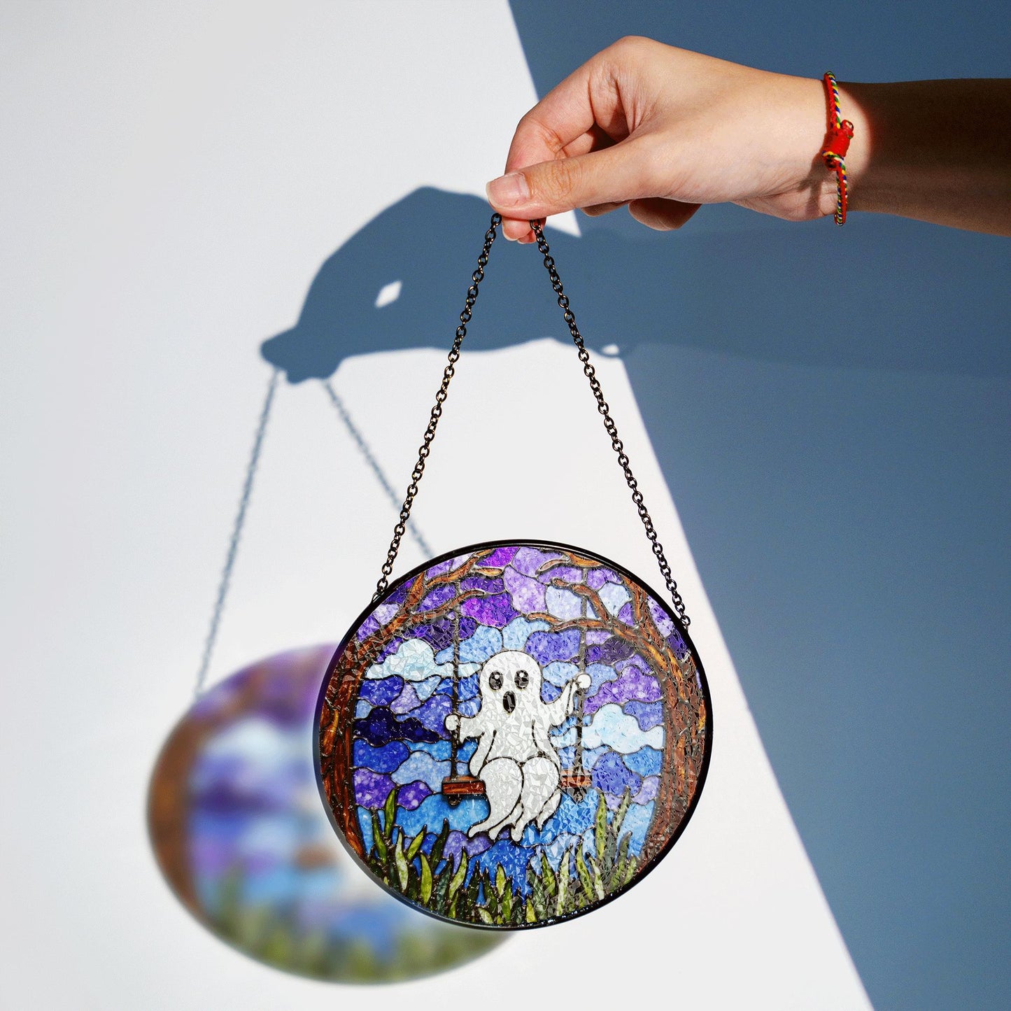 Ghost Swing Stained Glass Suncatcher Halloween Decor Window Hanging Gift for Friend