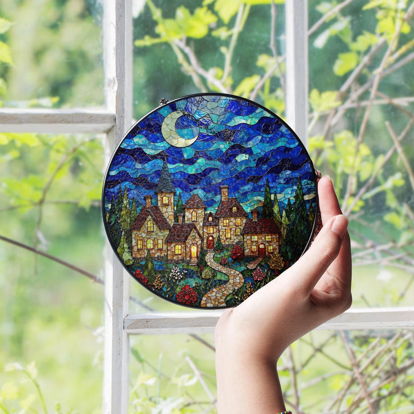 Stained Glass Village Night Scene Suncatcher Handmade Window Decor Gift for Mom Dad Friends