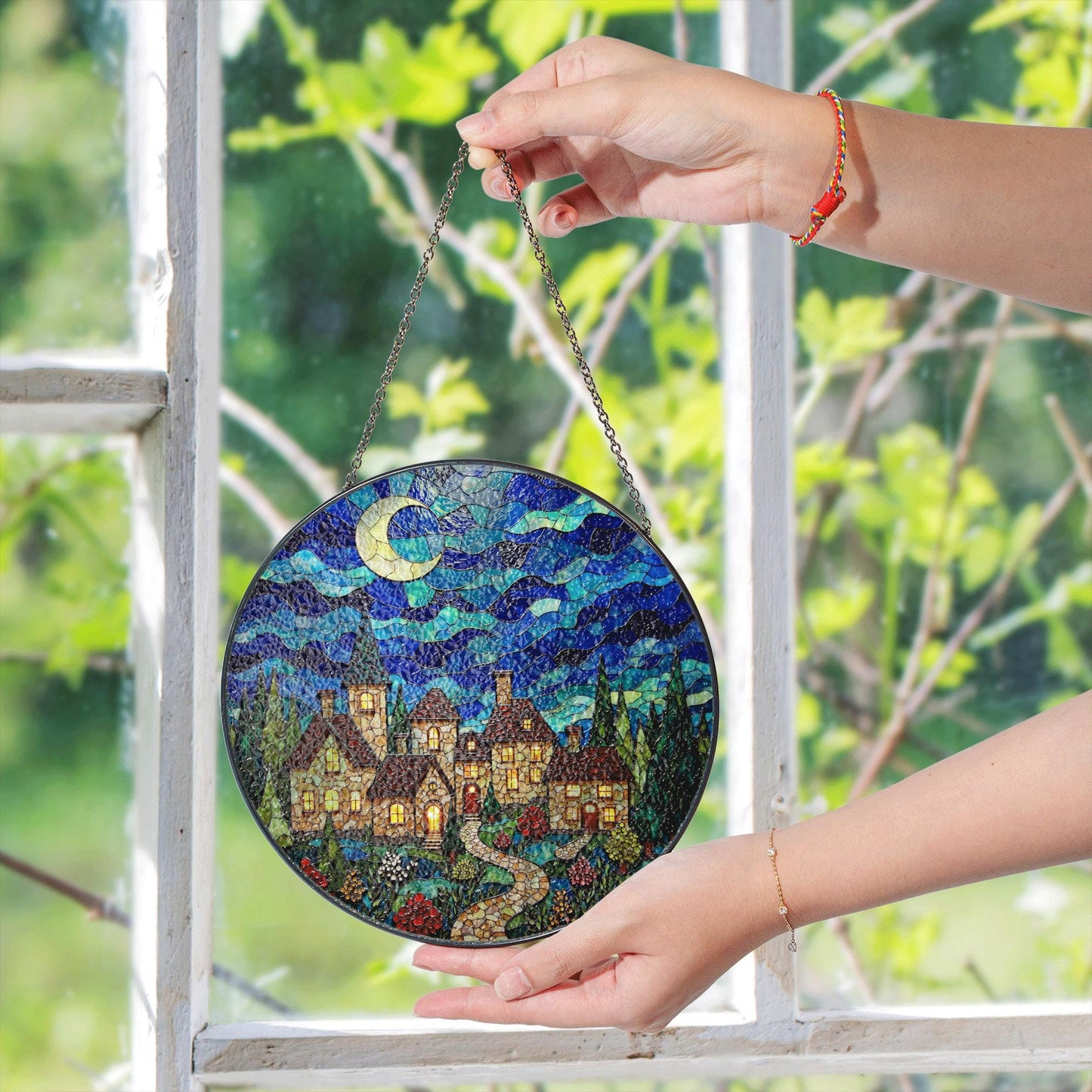 Stained Glass Village Night Scene Suncatcher Handmade Window Decor Gift for Mom Dad Friends