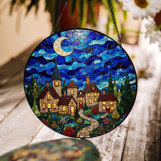 Stained Glass Village Night Scene Suncatcher Handmade Window Decor Gift for Mom Dad Friends